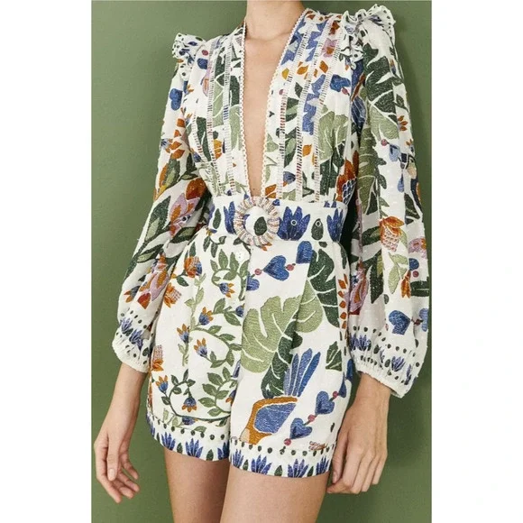 FARM Rio | Pants & Jumpsuits | Nwt Farm Rio White Summer Garden Romper  Floral Print Wmn L Blouson Long Sleeve | Poshmark
